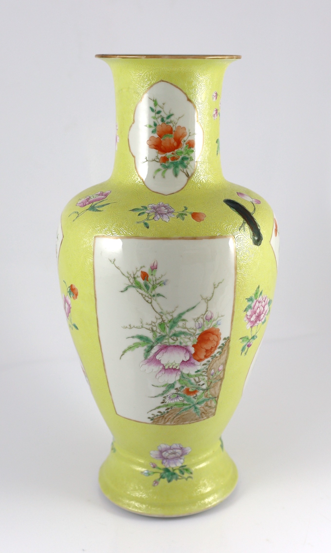 A Chinese yellow sgraffito ground vase, Qianlong seal mark but Republic period, 41.5cm high, neck restored